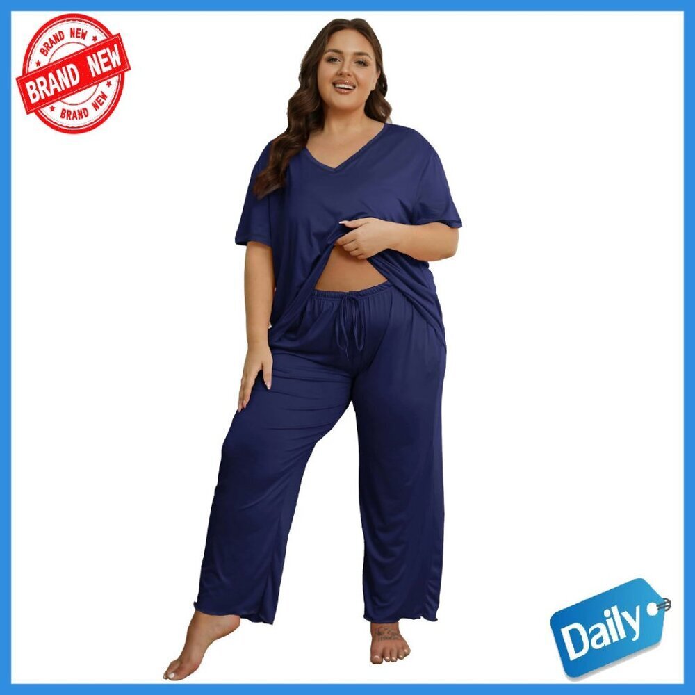 Plus Size Pajama Set Short Sleeve Long Pants Soft Stretchy Loungewear